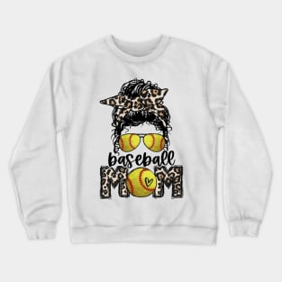 Softball Mom Leopard   Messy Bun Softball Mom Crewneck Sweatshirt